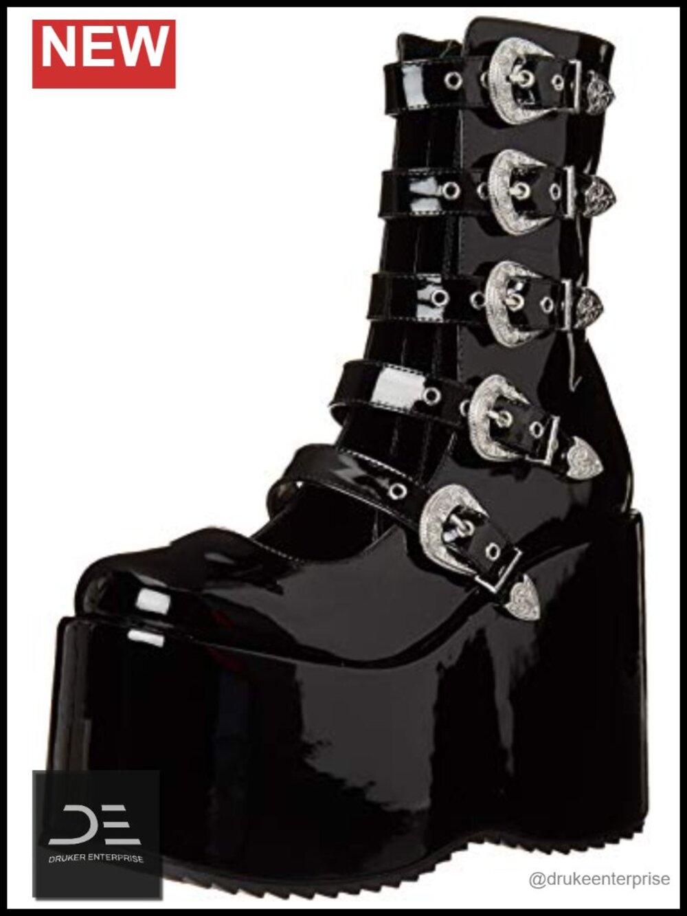 Platform Shoe with Decorative Buckles and Side Zipper